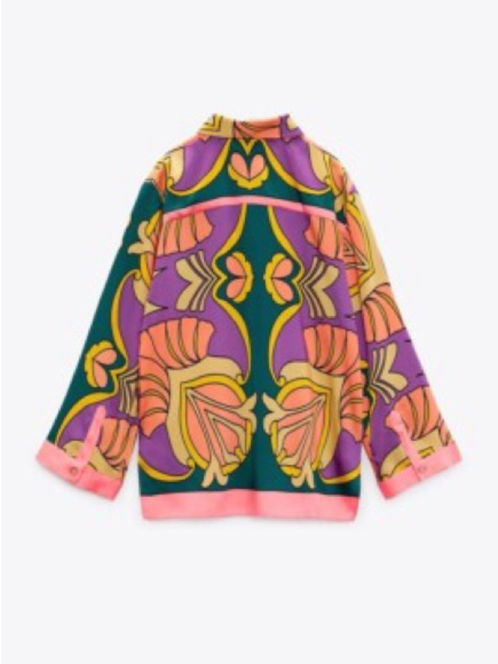 Zara NWT satin Vibrant Floral Print Button-Down Shirt in Purple, Orange & Yellow - Picture 6 of 9